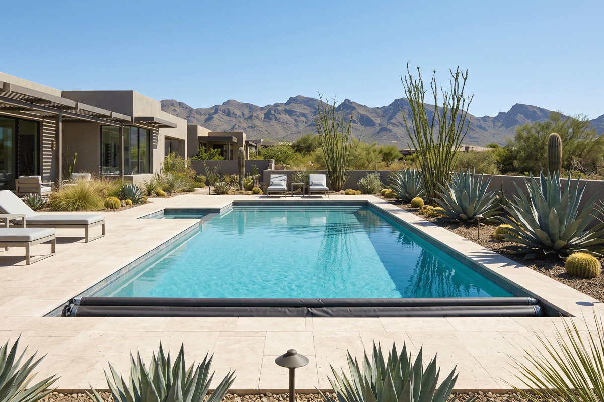 Modern rectangular swimming pool with a light-colored stone deck, lounge chairs, and desert landscaping against mountains.