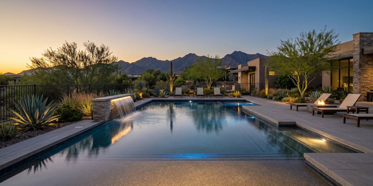Modern backyard with a rectangular swimming pool, waterfall feature, fire pit, and lounge chairs at sunset with mountains.