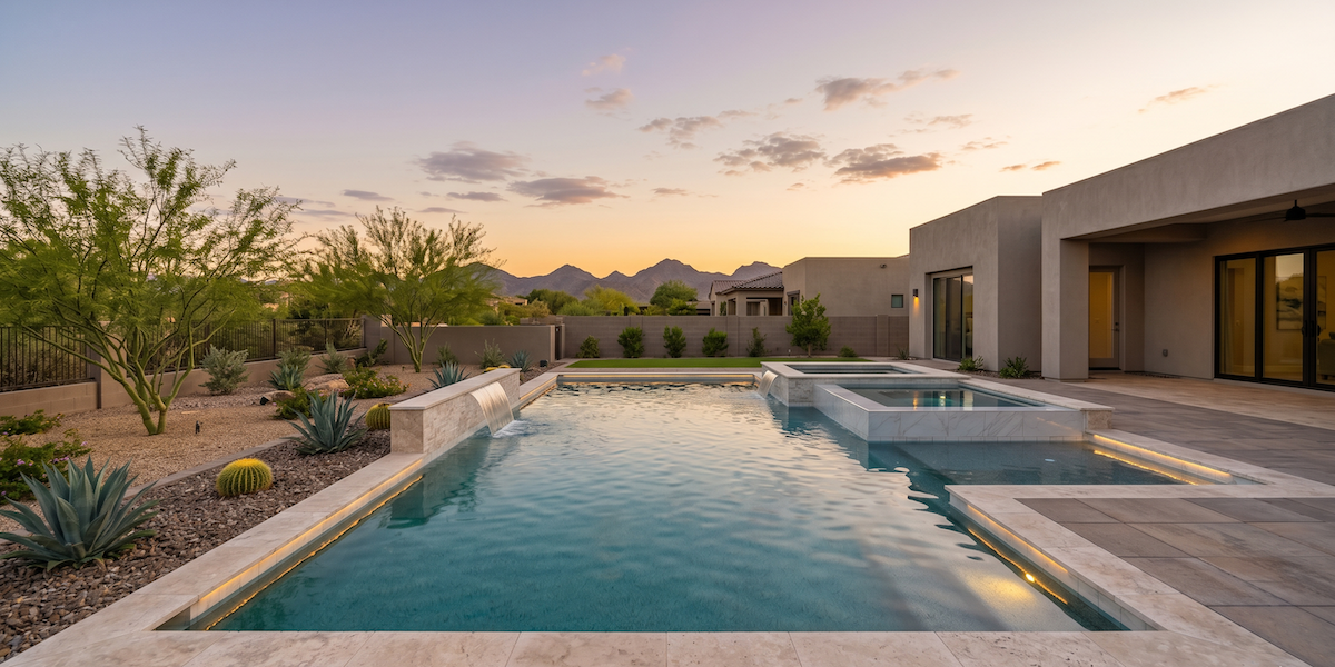 Modern luxury backyard with a rectangular swimming pool, integrated spa, and minimalist beige house at sunset.