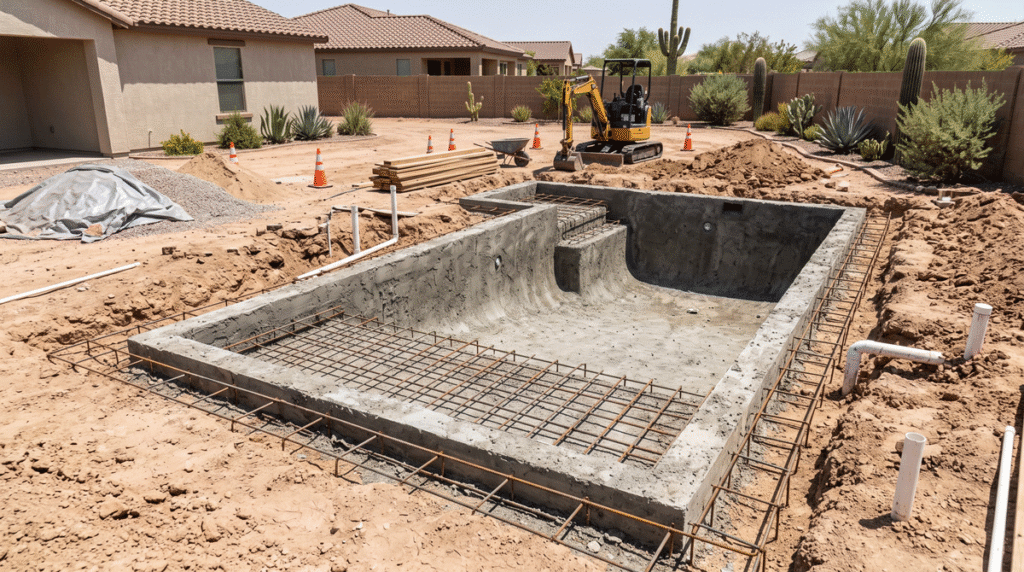 Pool construction in progress in an Arizona backyard showing concrete shell and rebar framework