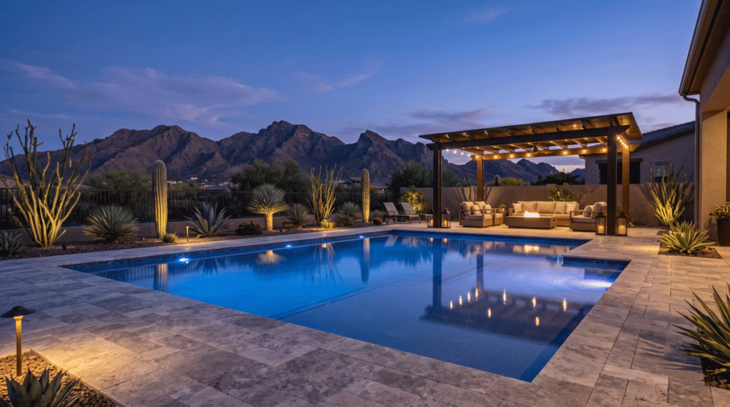 Finished Scottsdale pool and outdoor living area with travertine deck, pergola, and desert mountain views at dusk