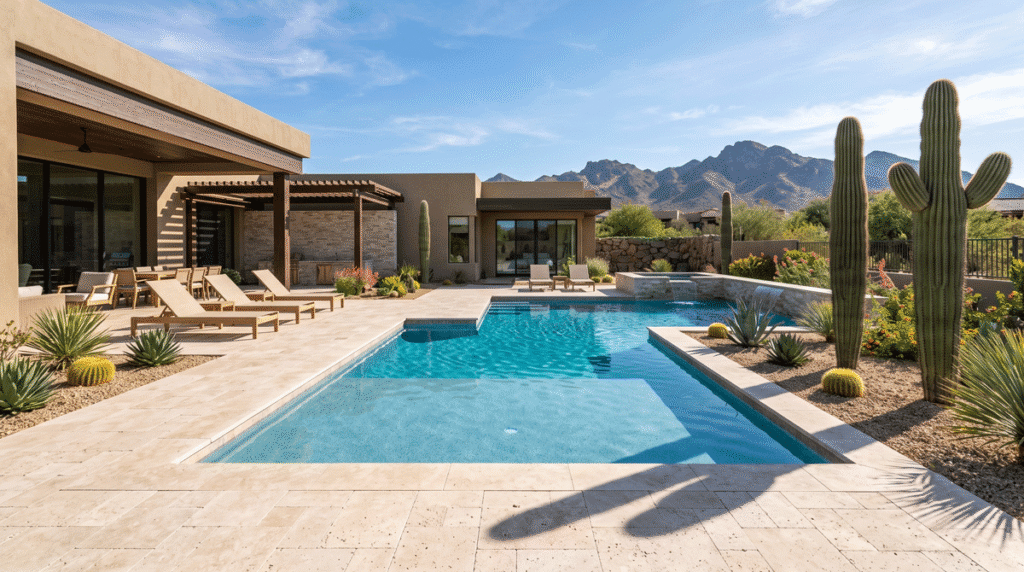 Completed luxury pool in a Scottsdale backyard with travertine deck and desert landscaping