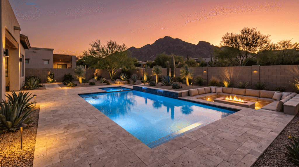 Completed Scottsdale pool and deck with LED lighting and desert mountain backdrop at dusk.