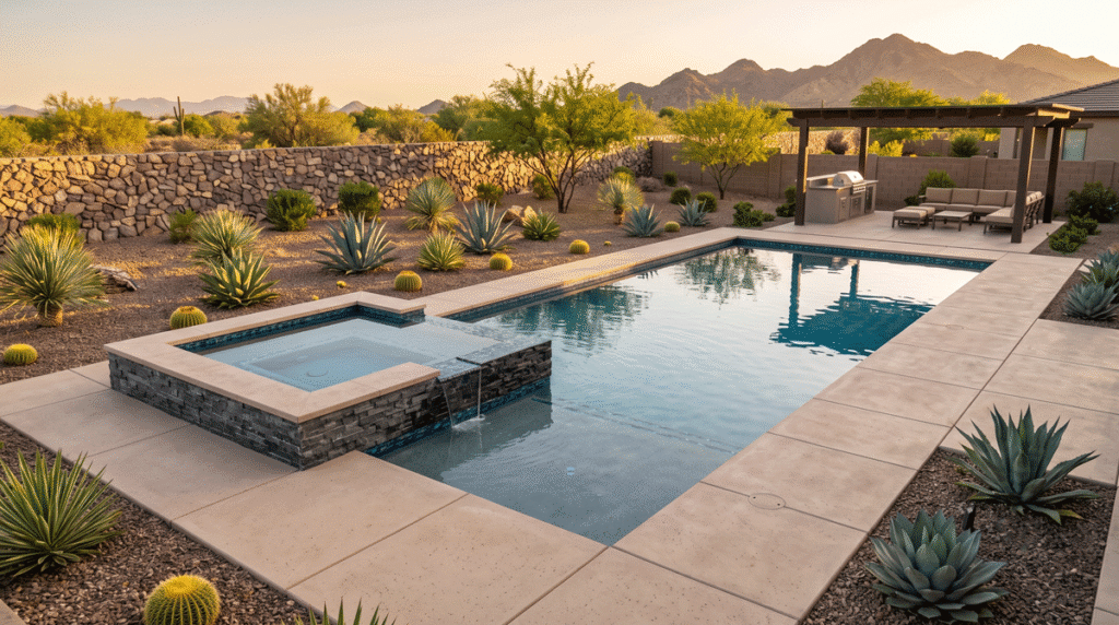 Custom Phoenix backyard pool with raised spa and paver deck in golden afternoon light