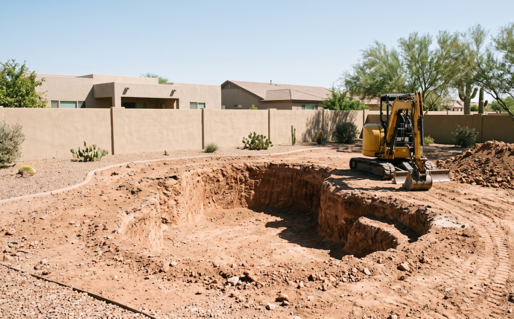 Excavated pool cavity in a Scottsdale backyard during the dig phase of construction.