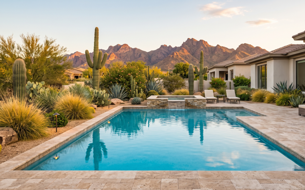 Finished Scottsdale pool with spa and travertine deck at golden hour.