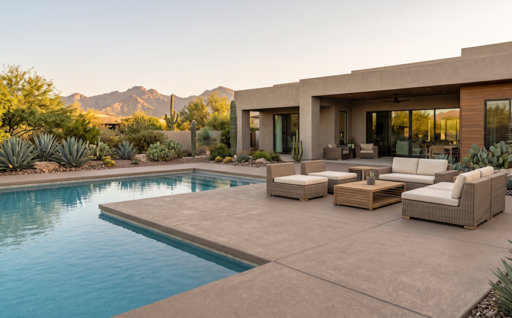 Freshly resurfaced pool deck with new coating in a Scottsdale backyard at late afternoon.