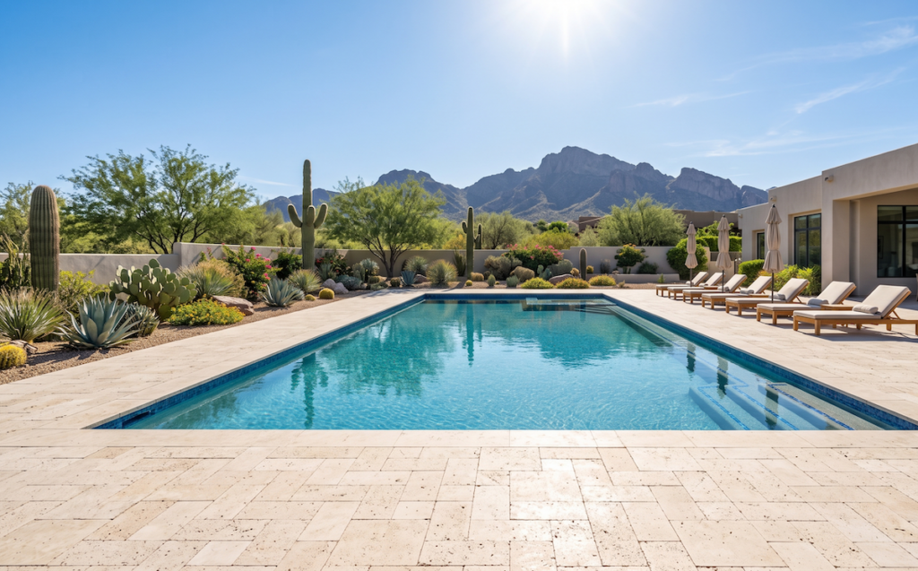 Expansive light-colored travertine pool deck surrounding a Phoenix backyard pool.