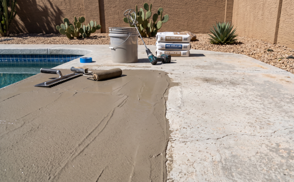 Pool deck resurfacing in progress showing new overlay applied over existing concrete in an Arizona backyard.