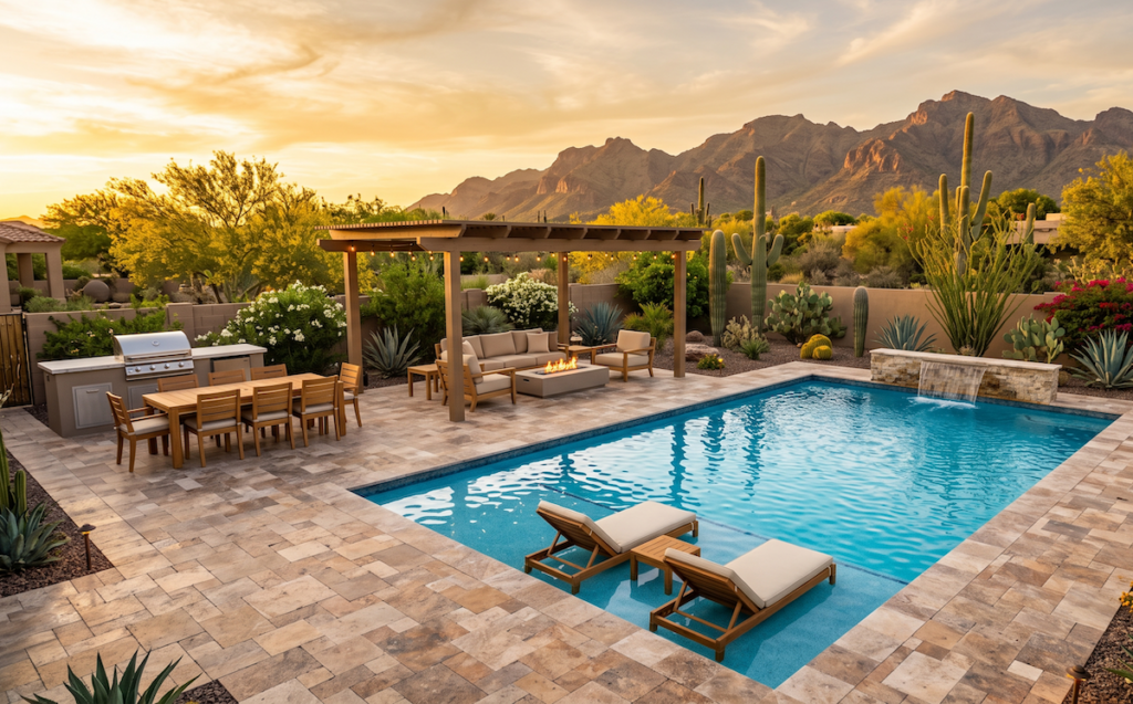 Fully remodeled pool deck with premium pavers and outdoor seating in a Scottsdale backyard at golden hour