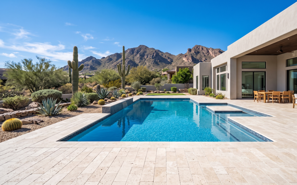 Remodeled travertine pool deck surrounding a clean blue pool in a Scottsdale backyard.