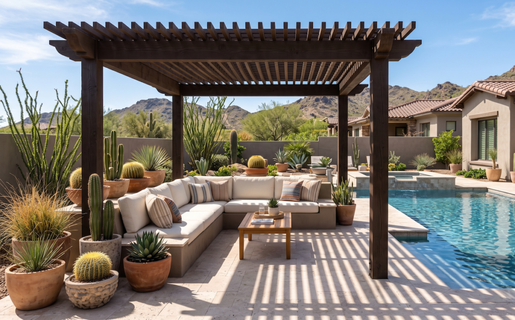 Shaded poolside lounge area with pergola and travertine deck in an Arizona backyard.