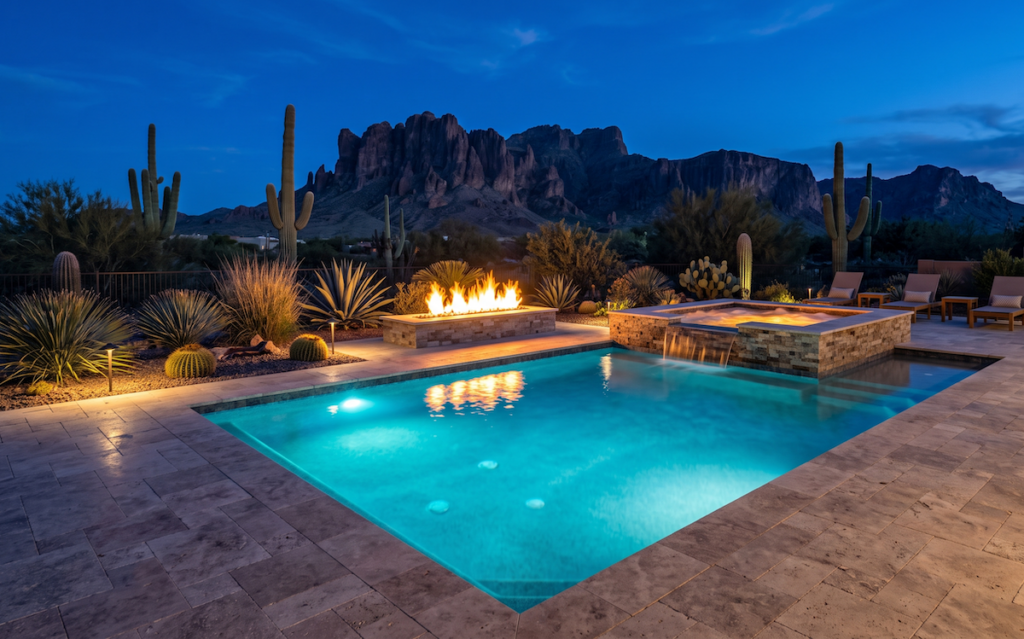 Arizona backyard pool at dusk with raised spa spillway and built-in fire feature
