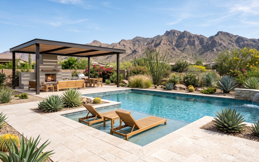 Modern desert pool and deck design with tanning ledge, travertine deck, and mountain backdrop in Arizona