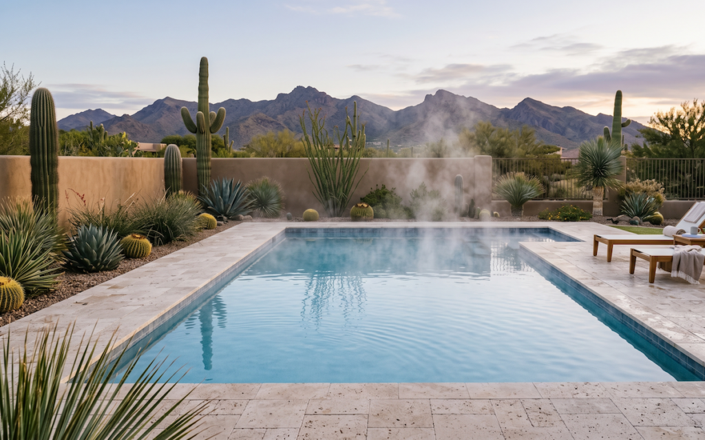 Steam rising from a heated backyard pool on a cool Arizona morning