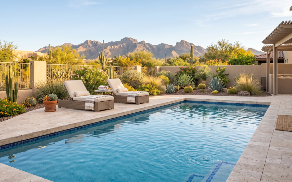 Comfortable heated backyard pool ready for use during Arizona's cooler season.