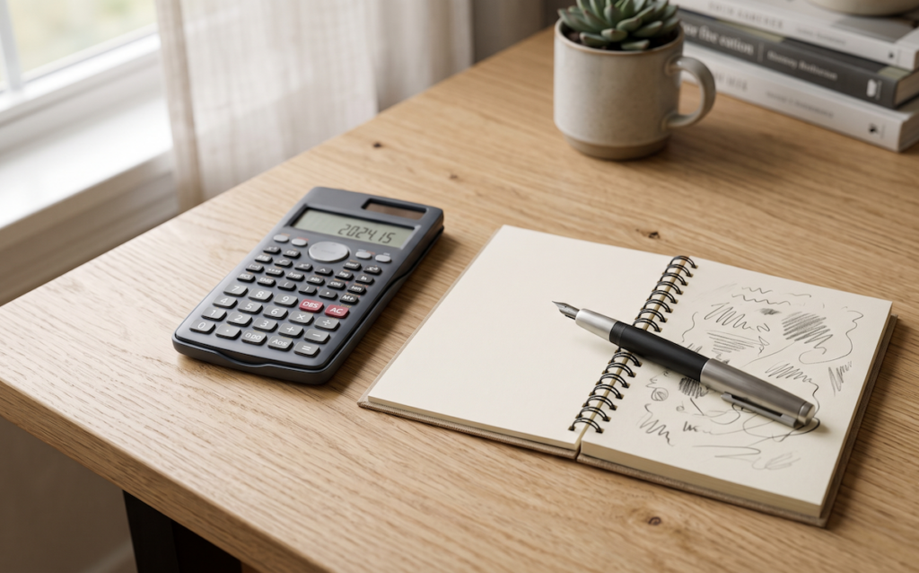 Calculator and notepad on a desk representing pool financing planning.