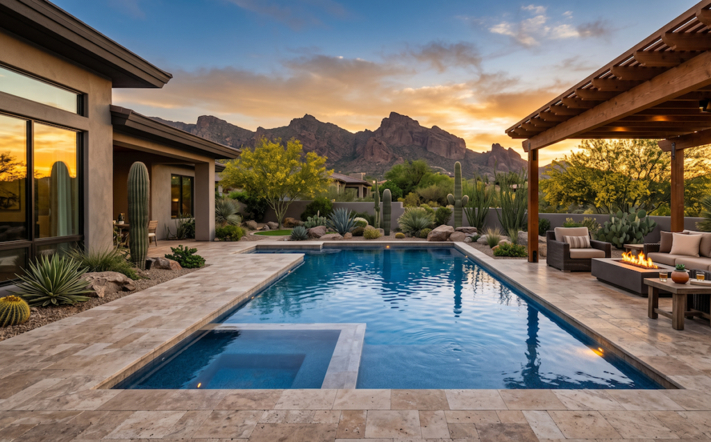 Finished high-quality pool and outdoor living area in a Phoenix backyard at golden hour.