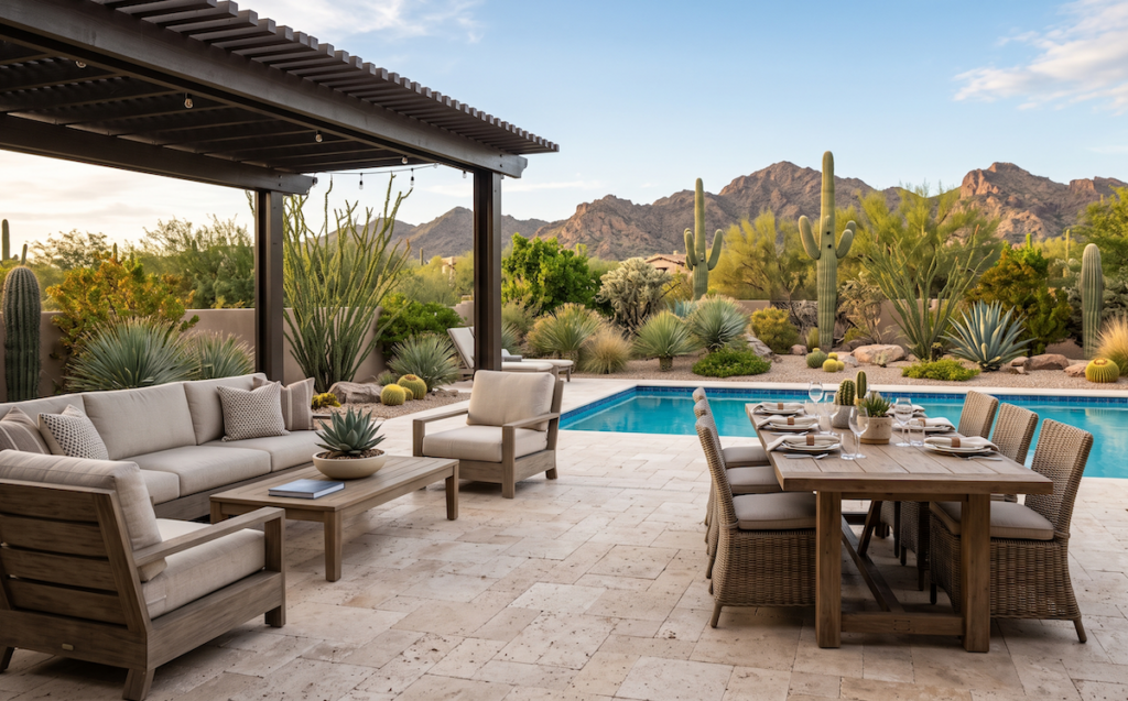 Open-air poolside dining and lounge area during pleasant shoulder-season weather in an Arizona backyard