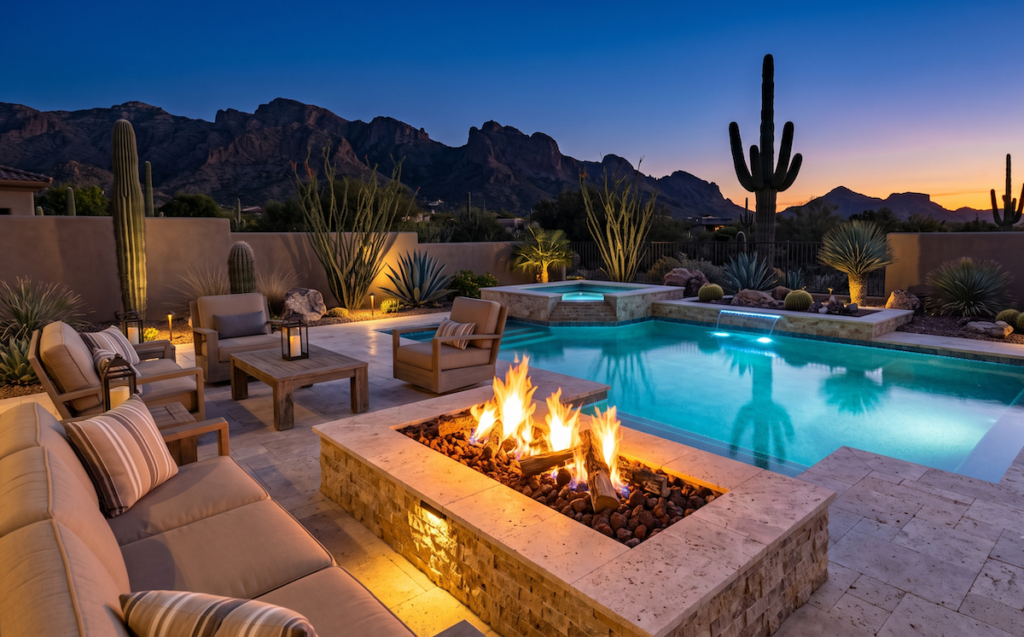 Arizona backyard pool and deck at dusk with a glowing fire feature and illuminated pool in cooler weather