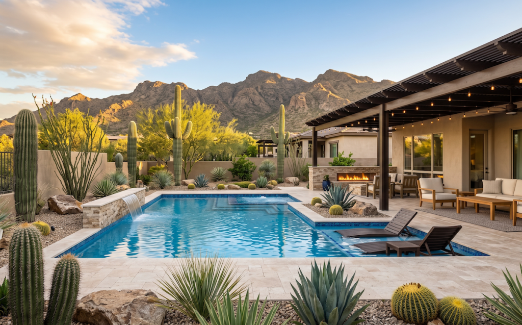 Complete pool and outdoor living space designed for year-round use in a Phoenix backyard