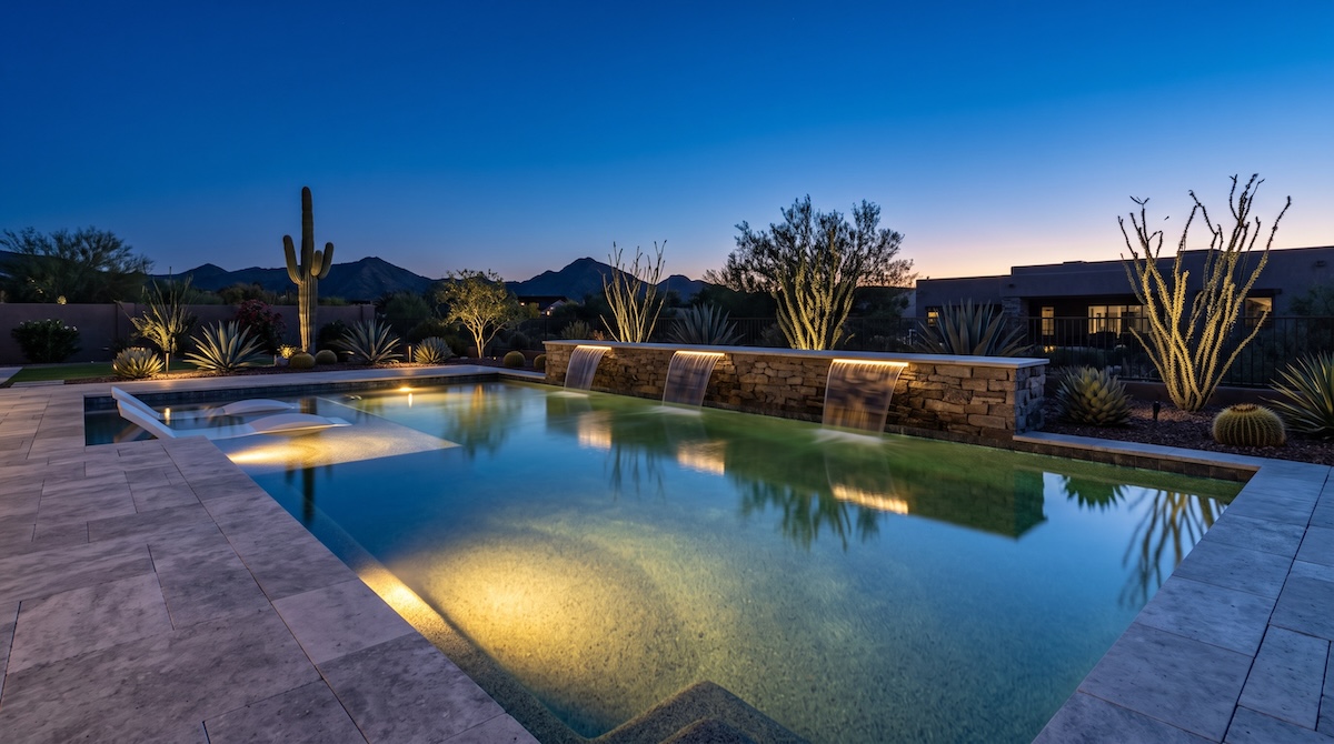 Luxury swimming pool at dusk with three waterfalls, underwater lighting, and desert landscaping under a deep blue sky.